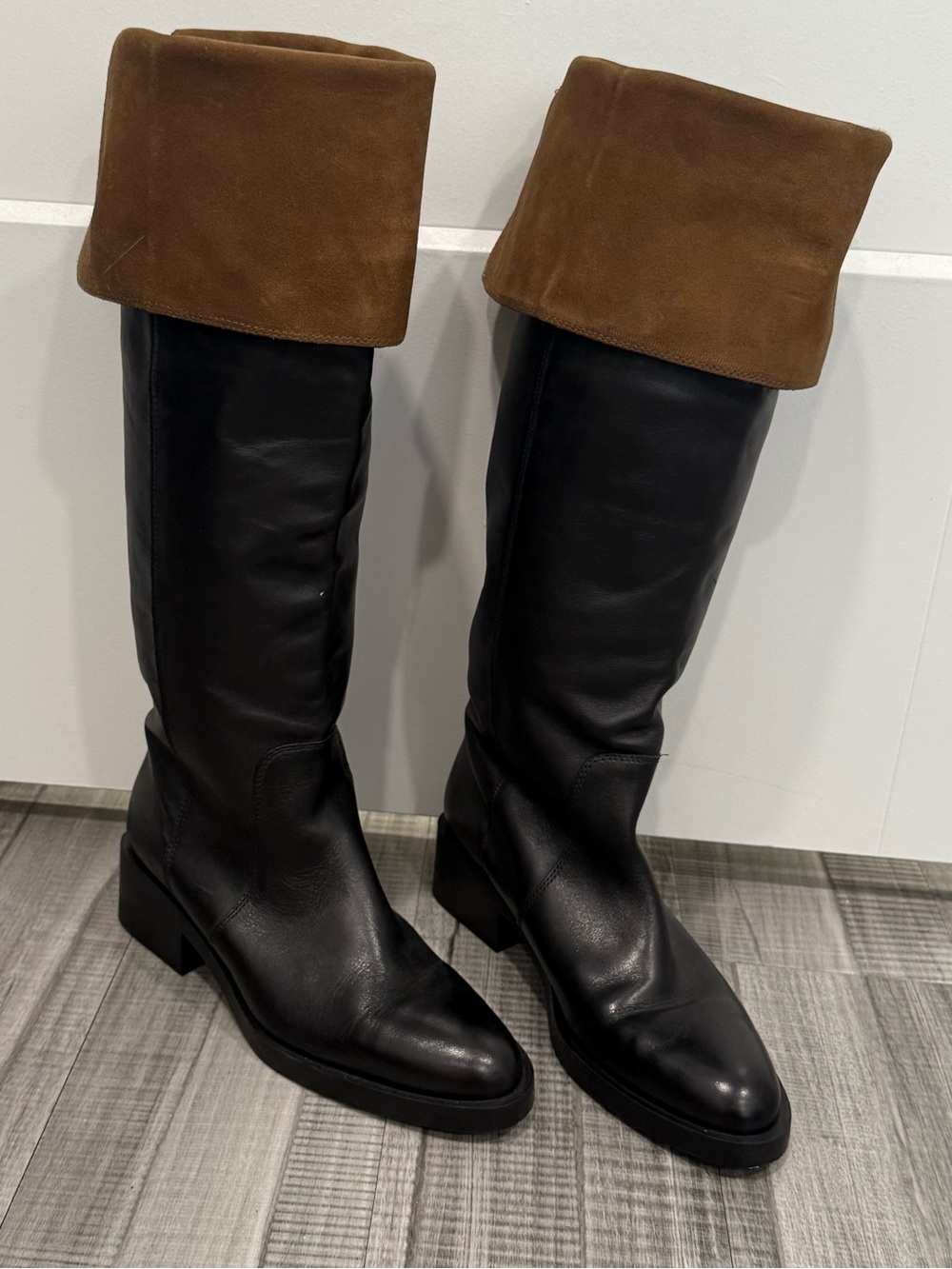 Zara Black Leather Over-the-Knee Boots with Brown Cuff